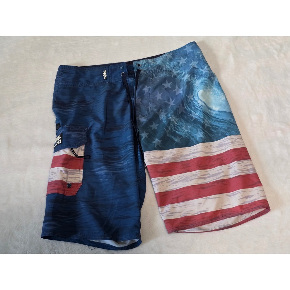 Salt Life SLX-QD Mens Board Shorts American Flag Wave Blue Red White Size 30